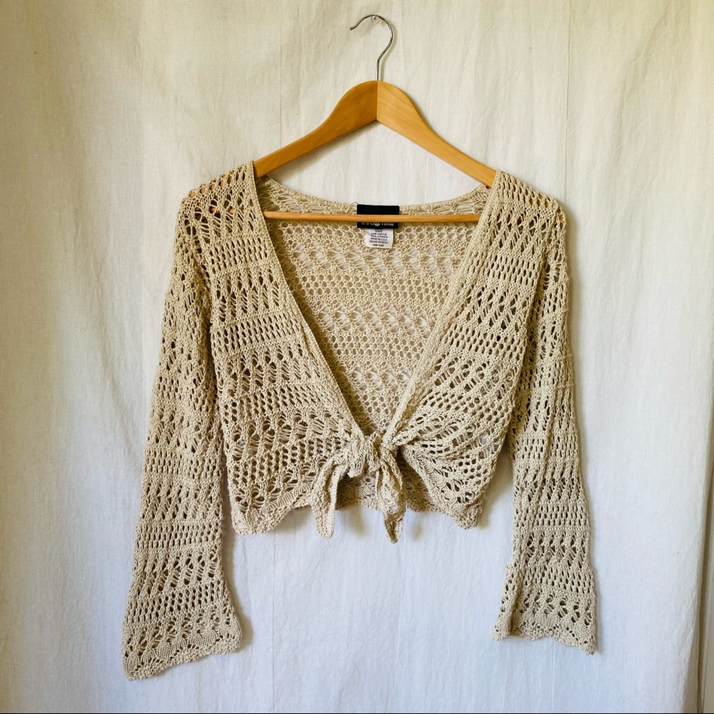 Vintage 90s Cropped Crochet Tie Front Sweater